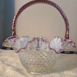 Fenton Purple and Cream Hobnail Glass Basket